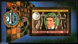 Chad 1983 Bobby Fischer S/s With Black Rotary Overprint Imperforated, Gold, Mint NH, Sport - Various - Chess - Rotary - Sonstige & Ohne Zuordnung
