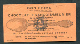 WWII - Bon-Prime 1940 "Chocolat François-Meunier - 141, Rue Jules Guesde à Levallois-Perret" Monnaie De Nécessité WW2 - Noodgeld
