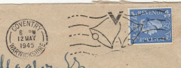 WWII Victory 1945 GB Cover 'V' Victory BELLS Slogan Coventry GB Gvi Stamps - Lettres & Documents