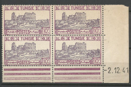 TUNISIE N° 241 Bloc De 4 Coin Daté  2 / 12 / 41 NEUF**  SANS CHARNIERE NI TRACE / Hingeless  / MNH - Neufs