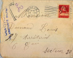 1916 , GENEVE - SECTEUR POSTAL Nº 30 , BANDA DE CIERRE Y MARCA DE CENSURA MILITAR , TASA - Storia Postale