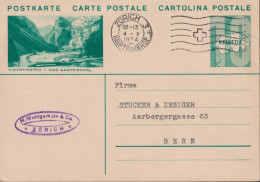 1933, Schweiz GS Postkarte Zum:133 10 Ctc. Blaugrün KANDERSTEG - DAS  GASTERNTAL ⵙ  ZÜRICH 3 HAUPTBAHNHOF - Interi Postali