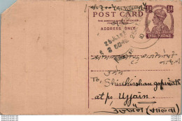 India Postal Stationery George VI 1/2 A To Ujjain - Cartes Postales