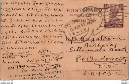 India Postal Stationery George VI 1/2 A To Indore Bombay - Cartes Postales