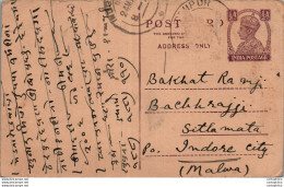 India Postal Stationery George VI 1/2 A To Indore - Ansichtskarten