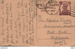 India Postal Stationery George VI 1/2 A To Bikaner - Postcards