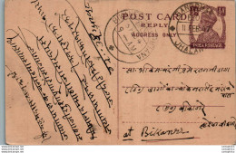 India Postal Stationery George VI 1/2 A Jhalawa Cds To Bikaner - Postkaarten