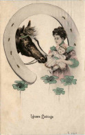 Pferd Mit Frau - Prägekarte - Chevaux