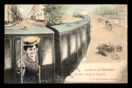 59 - LANDRECIES - J'ARRIVE A LANDRECIES ET VOUS ENVOIE LE BONJOUR - CARTE FANTAISIE TRAIN ET FEMME - VOIR ETAT - Landrecies