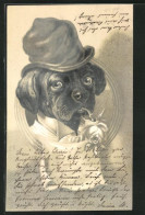 Lithographie Hund Mit Hut Als Kavalier Mit Rose  - Autres & Non Classés