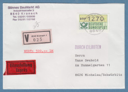 NAGLER-ATM Mi-Nr 1.2 Wert 1270Pfg Auf Eil-Wert-Brief Ab KRONACH 21.4.92 - Viñetas De Franqueo [ATM]