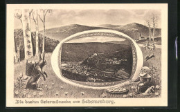 Grusskarten-AK Schwarzburg, Panoramablick Auf Den Ort, Osterhase Und Zwerg  - Photographs