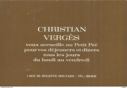 75 Christian VERGES Rue De Bellevue 75019 PARIS / CARTE De VISITE Publicitaire PUB Restaurant - Visiting Cards