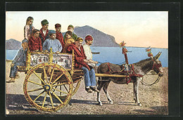 Cartolina Italienische Familie Mit Eselgespann Am Meer  - Burros