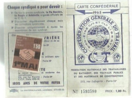 PG / CARTE 1965 SYNDICALE CGT  Avec Ses Timbres Adhèrent  SYNDICAT C.G.T TIMBRE TAMPON CACHET - Membership Cards