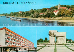 73597723 Krosno Odrzanskie Binnenschifffahrt Frachtkaehne Oder Kirche Wohnblock  - Polonia