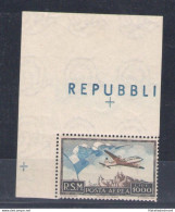 1951 SAN MARINO ,Posta Aerea , 1000 Lire , N° 99 "Bandierone"  MNH** , Certific - Corréo Aéreo