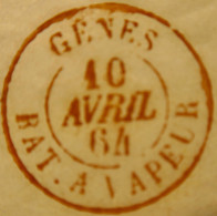 A540 - POSTE MARITIME - Lettre (LAC) GÊNES (10 AVRIL 1864) à NICE Par BATEAU à VAPEUR (LIGNE D'ITALIE) Cachet SARDE - Correo Marítimo