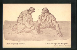 Künstler-AK Emile Humbet: Nos Prisonniers - Le Déballage Du Paquet, Kriegsgefangene  - Guerra 1914-18