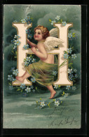 Lithographie Engel Mit Buchstabe H Und Blumen-Vergissmeinnicht  - Engel