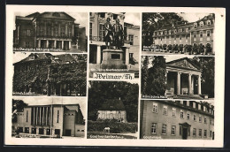 AK Weimar I. Thür., Schiller & Goethe Denkmal, Nationaltheater & Weimarhalle  - Teatro