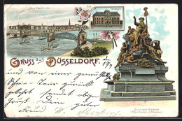 Lithographie Düsseldorf, Ständehaus, Provinzial-Denkmal, Neue Reheinbrücke  - Düsseldorf