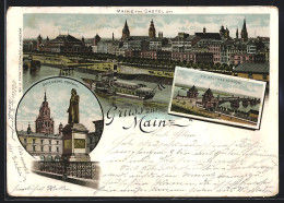 Lithographie Mainz, Teilansicht Von Castel Gesehen, Neue Rheinbrücke, Gutenberg Denkmal  - Mainz