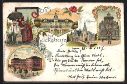 Lithographie Bückeburg, Fürstl. Residenz-Schloss, Neues Palais, Lutherische Kirche, Kaserne  - Bueckeburg