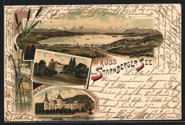 Lithographie Starnberg, Starnberger See, Schloss Berg, Leoni  - Starnberg