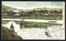 Lithographie Porta Westfalica, Hotel Kaiser Friedrich, Hausberge, Kaiser Wilhelm Denkmal  - Porta Westfalica