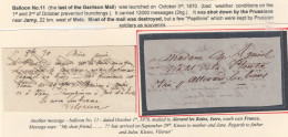 1168 France 1870 BALLOON MAIL  PAPILLON DE METZ No. 11  October 1st 1870  RRR - 1863-1870 Napoléon III Lauré