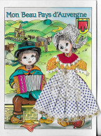 CARTE BRODEE TISSU MON BEAU PAYS D AUVERGNE - COUPLE, ACCORDEON, VACHES, FROMAGE, BLASON, EDITIONS FOLKLORE A GORRION - Embroidered