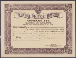 Inde British India Unused Share Certificate Kurwai Motor Transport Company, Kurwai State - 1911-35  George V