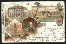 Lithographie Krefeld, Kurhaus Im Stadtgarten, Kaiser-Wilhelm Museum, Veteranendenkmal  - Krefeld