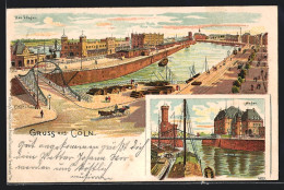 Lithographie Köln, Hafen Mit Brücke  - Koeln