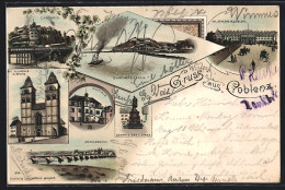 Lithographie Coblenz, Panorama Mit Ehrenbreitstein, Carthaus, Kaufhaus Und Moselbrücke  - Other & Unclassified