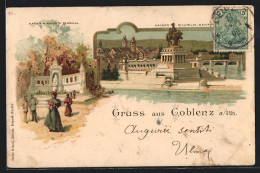 Lithographie Coblenz A. Rh., Kaiserin Augusta-Denkmal, Kaiser Wilhelm-Denkmal  - Sonstige & Ohne Zuordnung