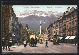 AK Innsbruck, Maria Theresienstrasse Mit Strassenbahn, Kemacher, Seegrubenspitzen Und Hafelekar  - Tranvía