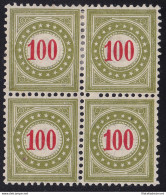 1894-96 Svizzera , Tasse Catalogo Zumstein N. 21E - 100 Verde-oliva QUARTINA */* - Nuovi