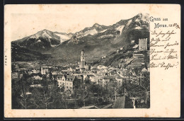 Cartolina Meran, Ortsansicht Mit Kirche Gegen Gebirgsmassiv  - Altri & Non Classificati