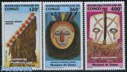 Congo Republic 1990 Dancing Masks 3v, Mint NH, Performance Art - Various - Dance & Ballet - Folklore - Baile