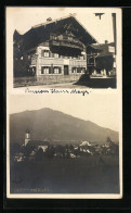 Foto-AK Oberammergau, Hotel-Pension Hans Mayr, Ortspartie Mit Kirche  - Oberammergau