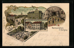 Lithographie Hamm I. W., Friedrichsplatz Mit Oberlandgericht Und Restaurant F. Gorges, Saal-Ansicht, Garten  - Hamm