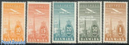 Denmark 1934 Airmail Definitives 5v, Unused (hinged), Transport - Fokker Airplanes - Aircraft & Aviation - Ungebraucht