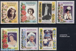 Barbuda 1985 Queen Mother Overprints 7v, Mint NH, History - Nature - Kings & Queens (Royalty) - Flowers & Plants - Roses - Familias Reales