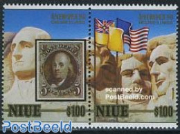 Niue 1986 Ameripex 86 2v [:], Mint NH, Philately - Stamps On Stamps - Art - Sculpture - Stamps On Stamps