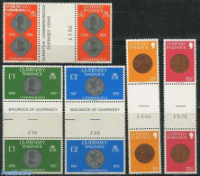 Guernsey 1980 Definitives, Coins 5v, Gutter Pairs, Mint NH, Various - Money On Stamps - Monnaies