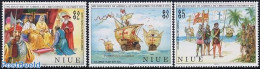 Niue 1992 Discovery Of America 3v, Mint NH, History - Transport - Explorers - Flags - Kings & Queens (Royalty) - Ships.. - Exploradores