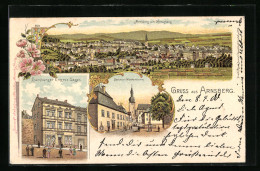 Lithographie Arnsberg / Westf., Hamburger Engros-Lage, Rathaus U. Glockenturm, Ortsansicht  - Lage