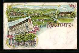 Lithographie Köstritz, Hotel Zum Gold`nen Löwen, Schloss  - Bad Koestritz